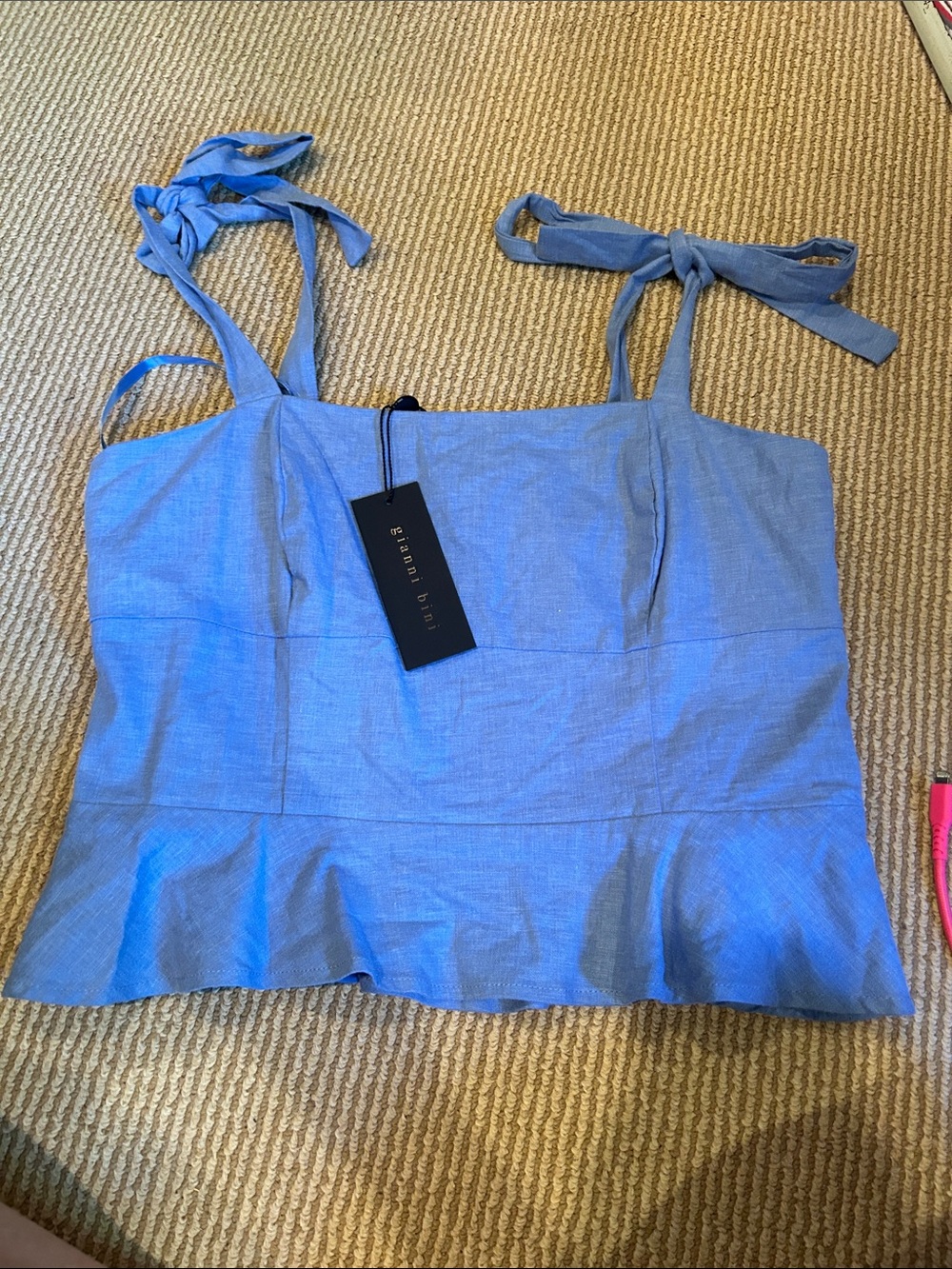 NWT Gianni Bini Light Blue linen Tie-Shoulder Peplum Camisole top size 8